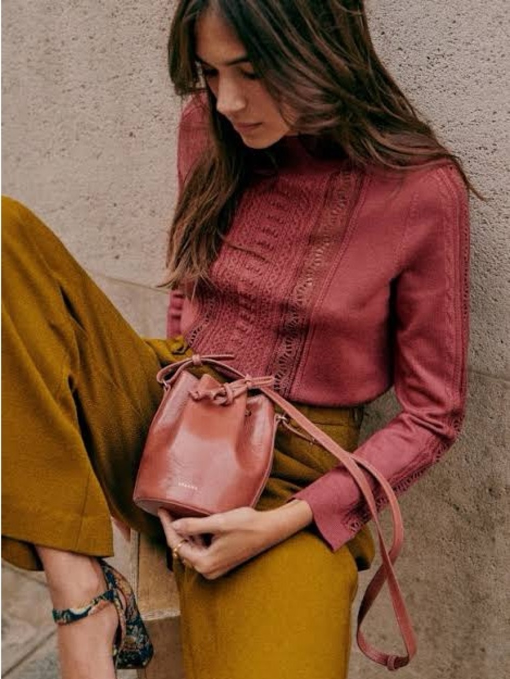Sezane Rosewood Janis Mockneck Sweater Dusty Pink Merino Wool Top